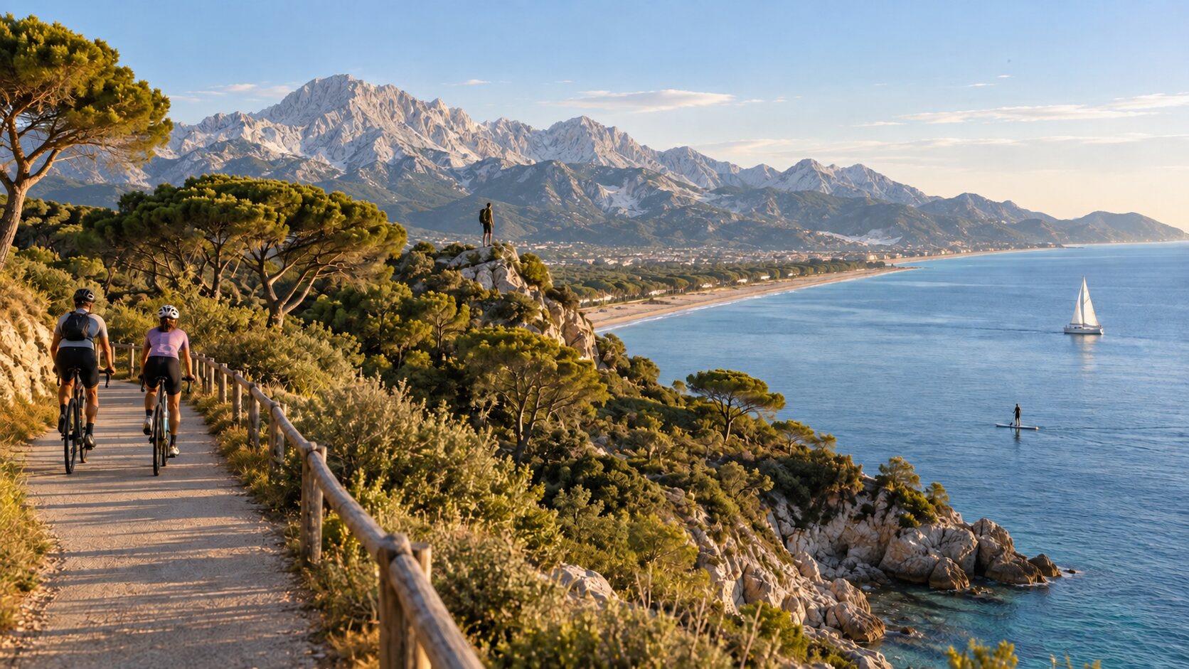 Panorama editoriale ispirato alla Versilia con escursionista, ciclisti, vela e paddleboard tra Alpi Apuane e mare